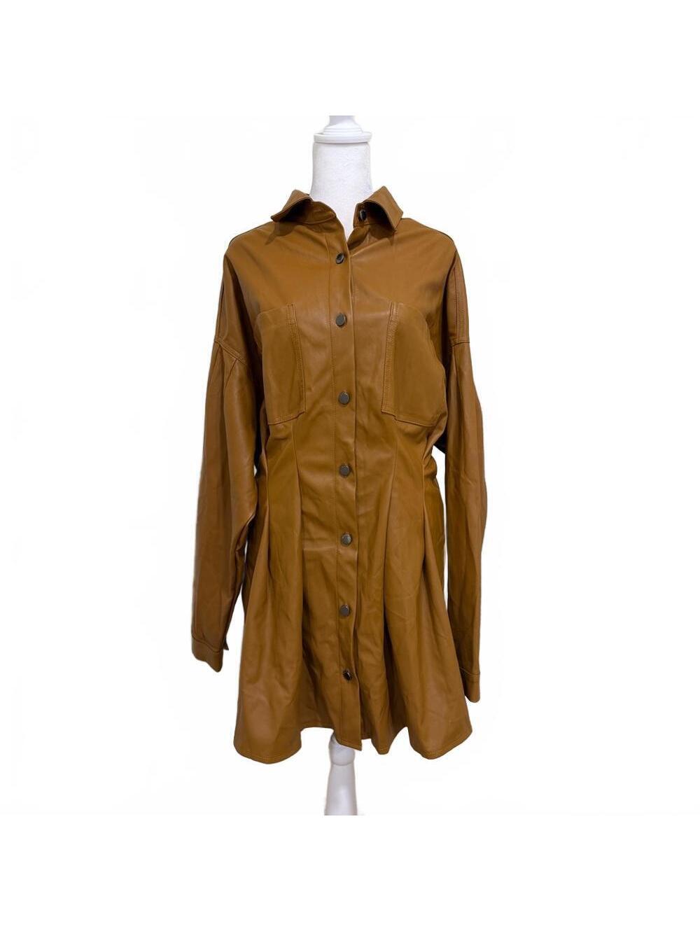 Vibrant Designs Cognac Faux Leather Shirt Dress Size L NEW